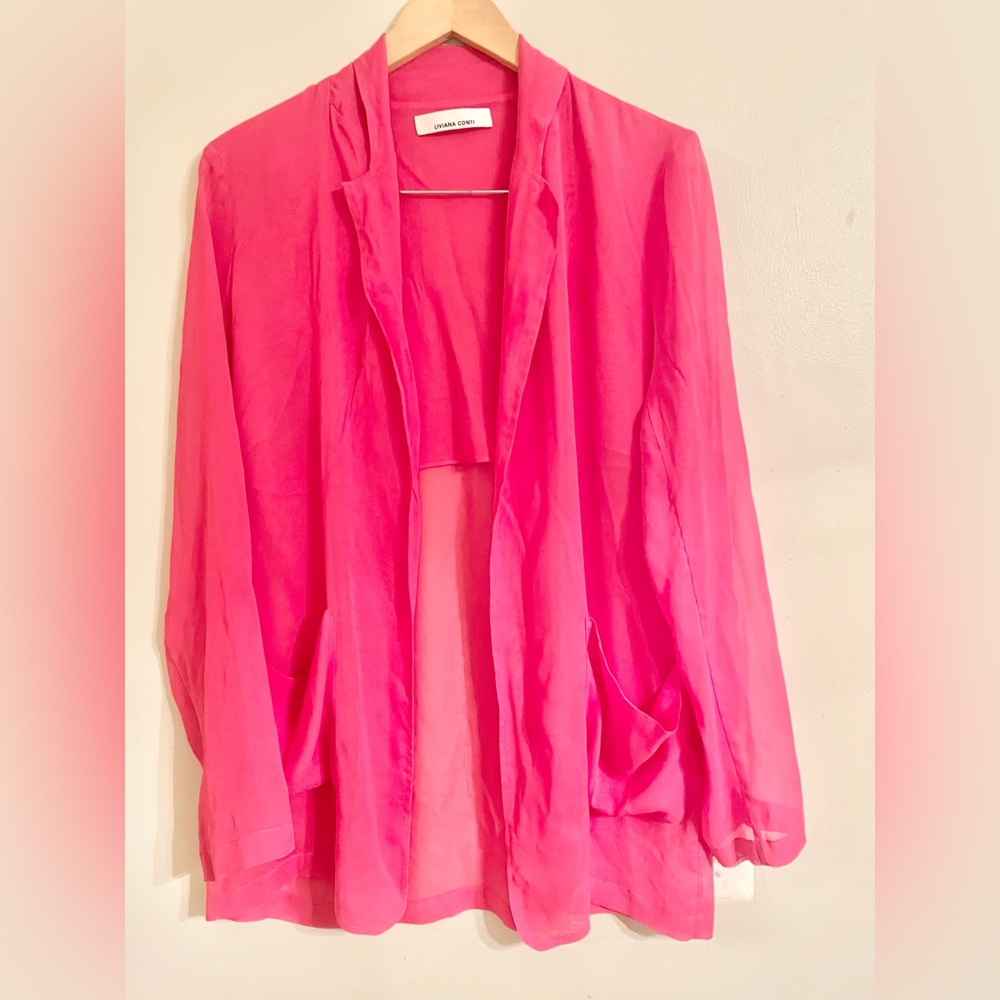 LIVIANA CONTI Pink Sheer Open Silk Blend Blazer Jacket  Pockets Size 44- EUC